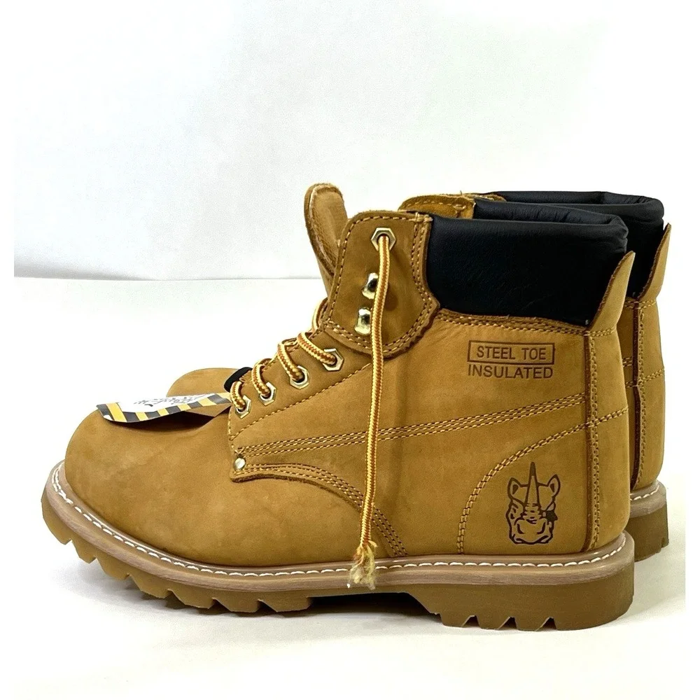 Rhino Mens Steel Toe Work Boots Size 9.5 Leather Insulated Safety Shoes Tan